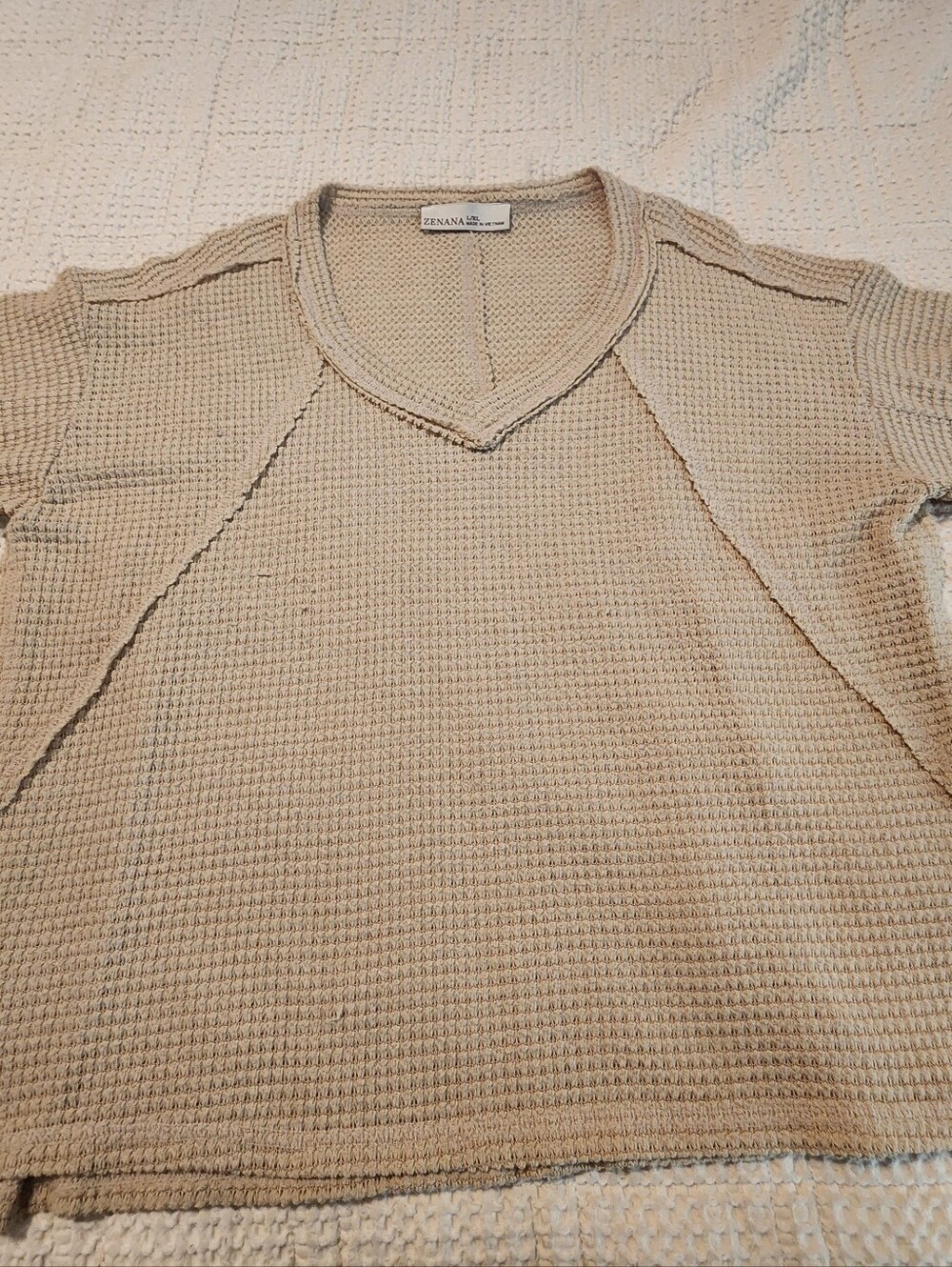 Zenana Tan Soft Waffle Weave Short Sleeve V-neck Top L/XL Oversized Comfy